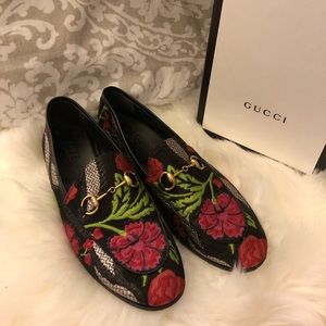 Gucci Jordan Floral Leather Trim Metallic Loafers